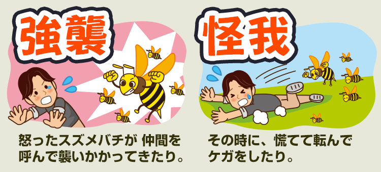 怒ったスズメバチが仲間を読んで襲いかかってきたり、その時に慌てて転んでケガをしたりする危険があります。